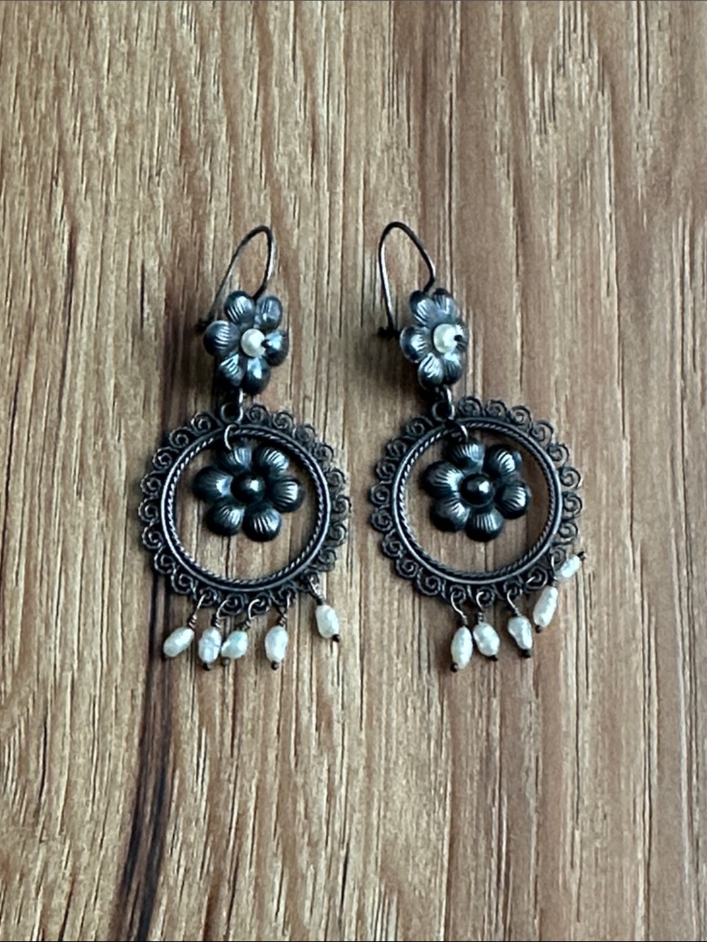 Antique Silver Floral Hoop Earrings with Pearl Drops
